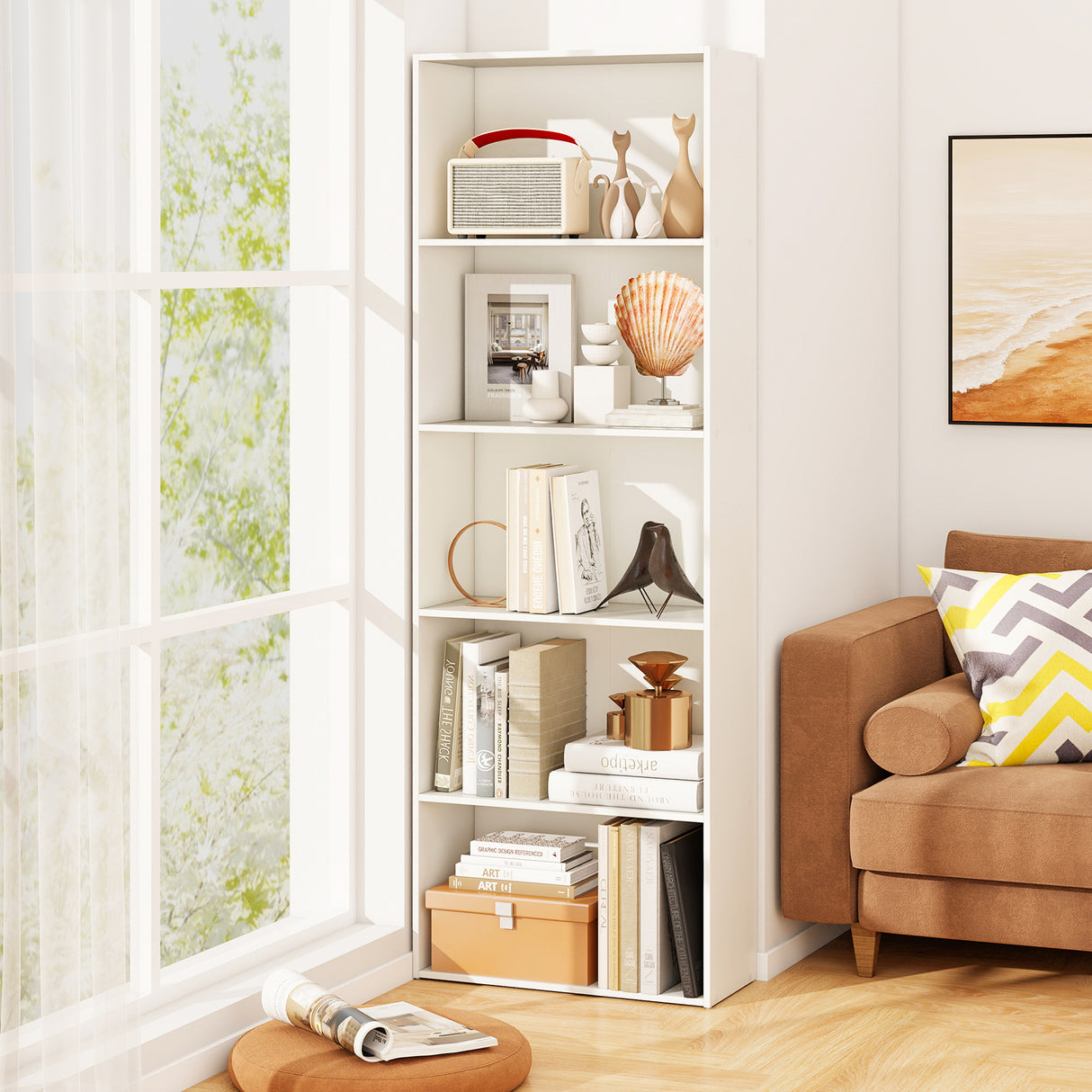 5-Shelf Storage Bookcase Modern Multi-Functional Display Cabinet-White