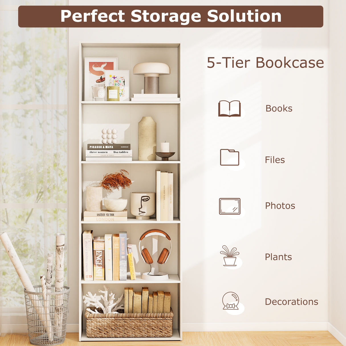 5-Shelf Storage Bookcase Modern Multi-Functional Display Cabinet-White