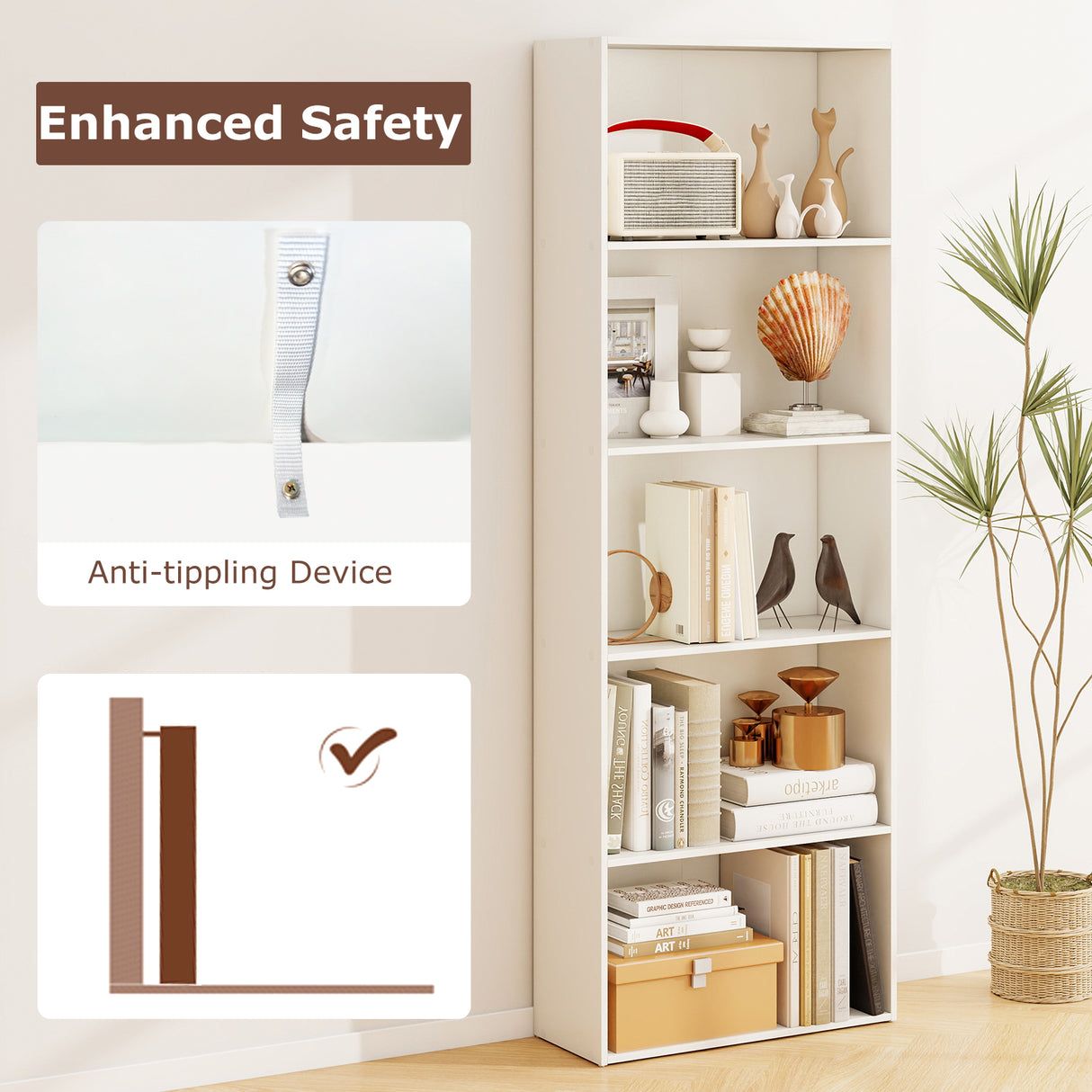 5-Shelf Storage Bookcase Modern Multi-Functional Display Cabinet-White
