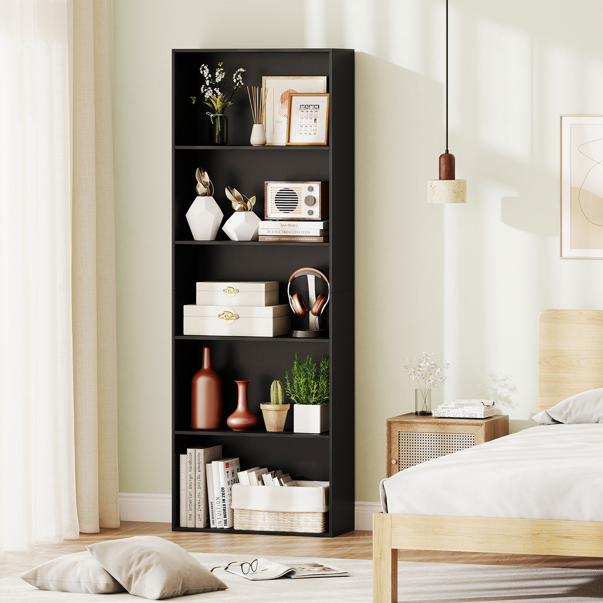 5-Shelf Storage Bookcase Modern Multi-Functional Display Cabinet Furniture-Black