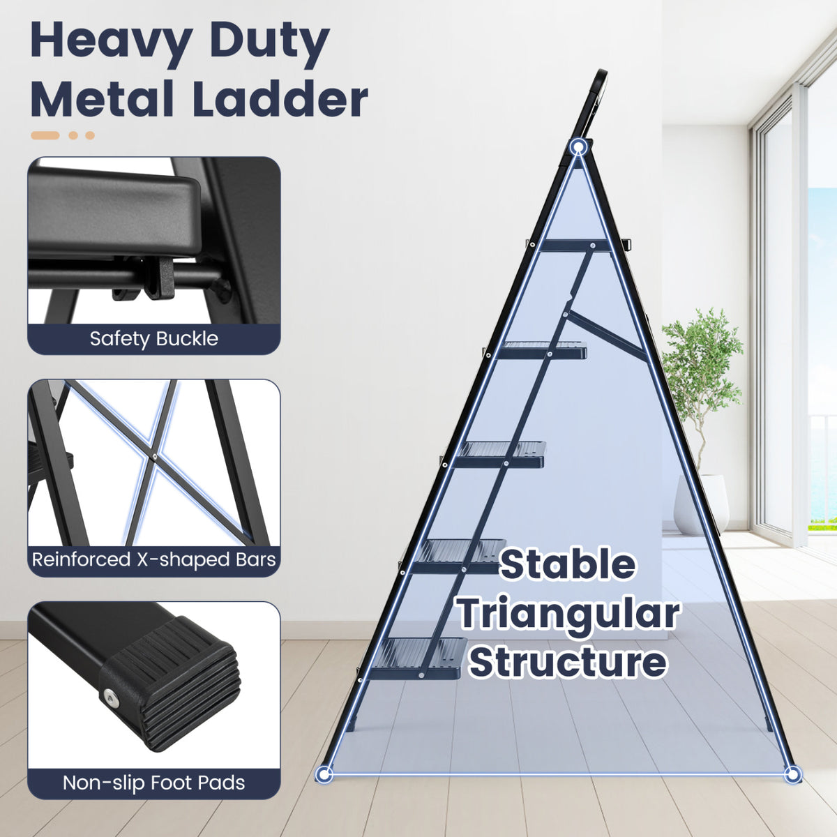 5 Step Black Folding Step Stool with Wide Anti-slip Pedals
