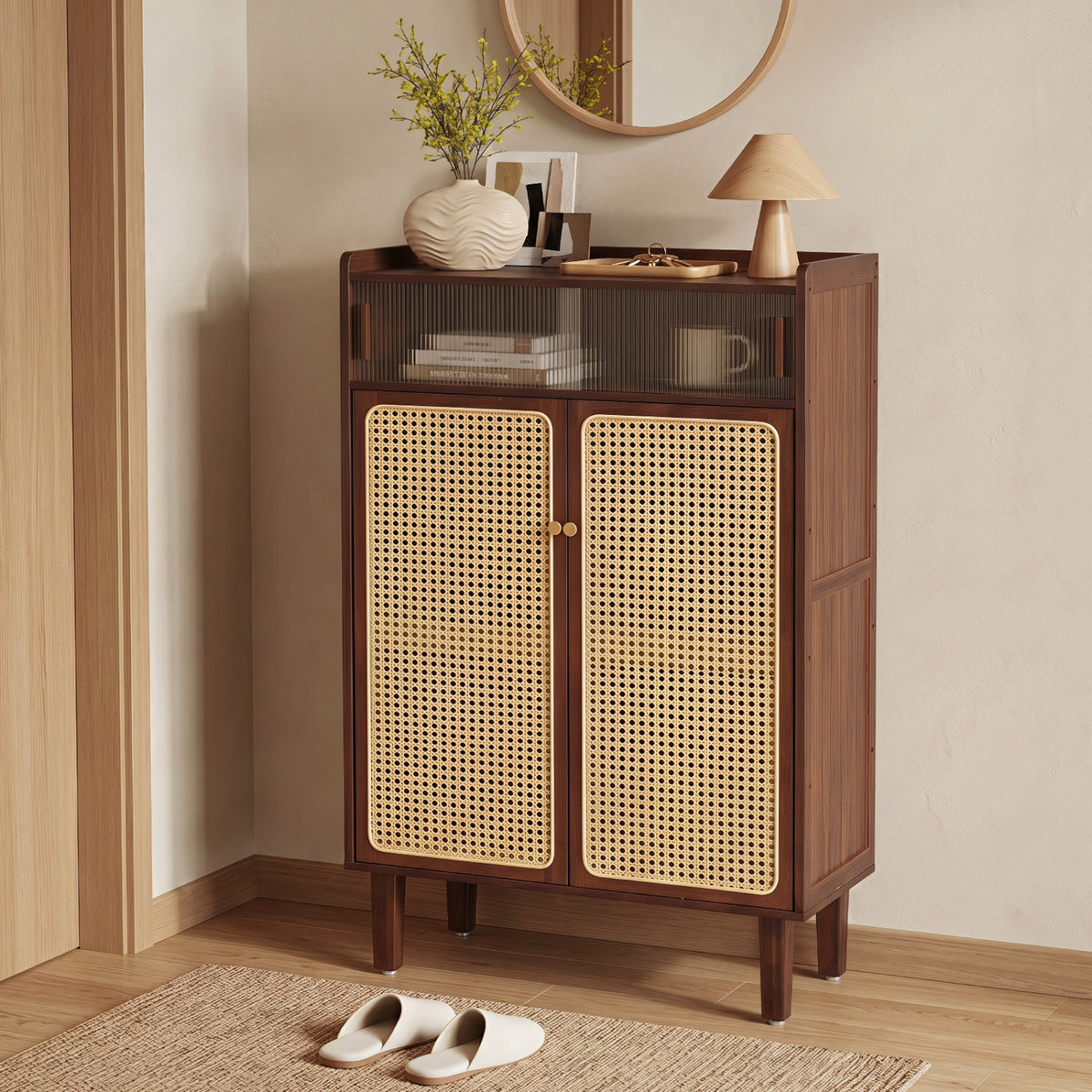 5-Tier Bamboo Shoe Cabinet with Woven Rattan Doors and Sliding Doors for Entryway-Walnut