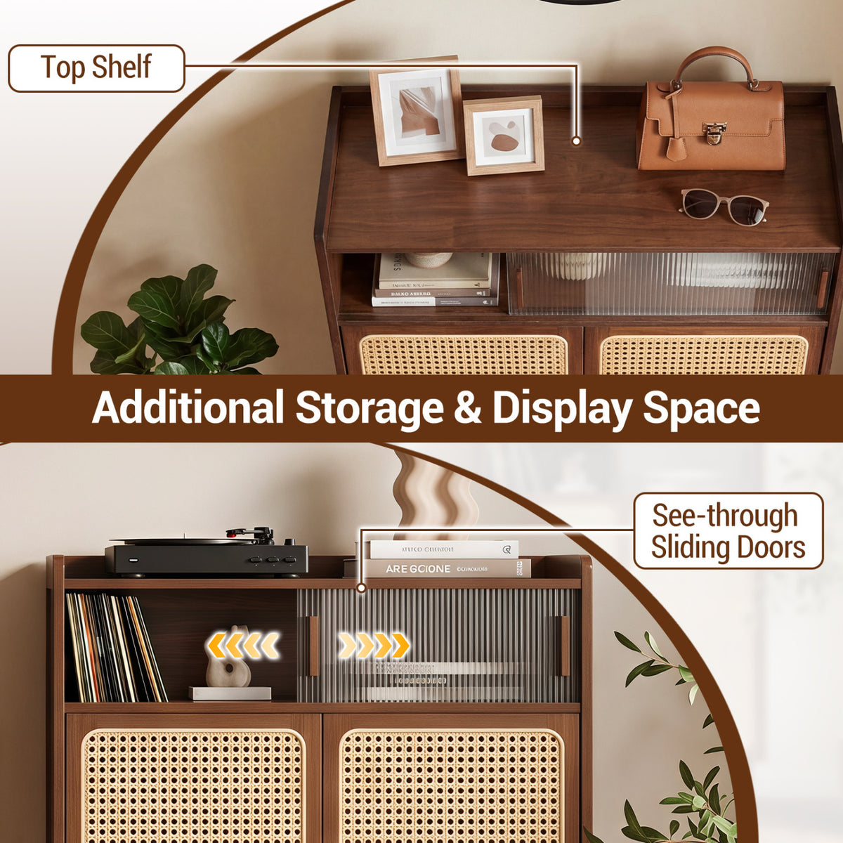 5-Tier Bamboo Shoe Cabinet with Woven Rattan Doors and Sliding Doors for Entryway-Walnut