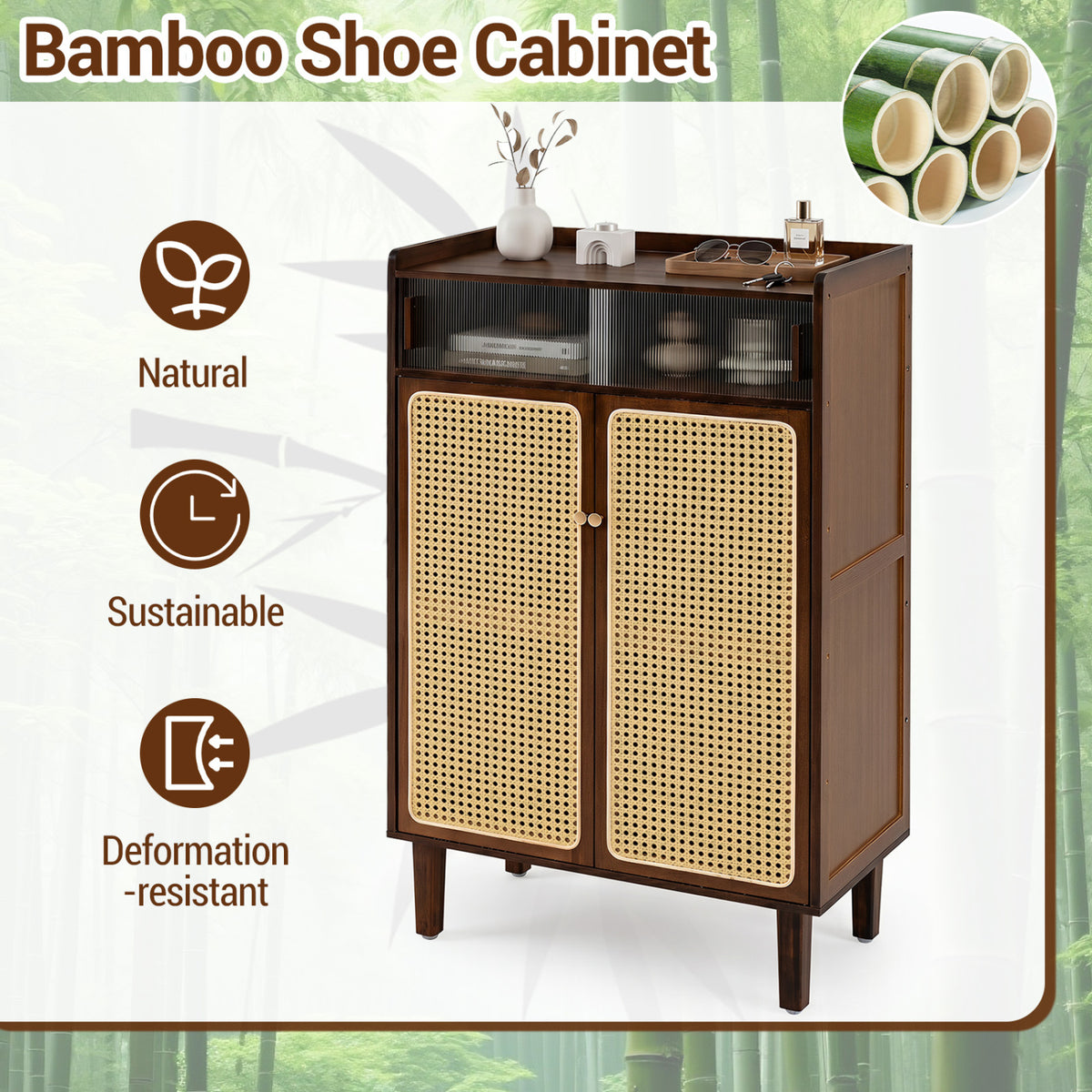 5-Tier Bamboo Shoe Cabinet with Woven Rattan Doors and Sliding Doors for Entryway-Walnut