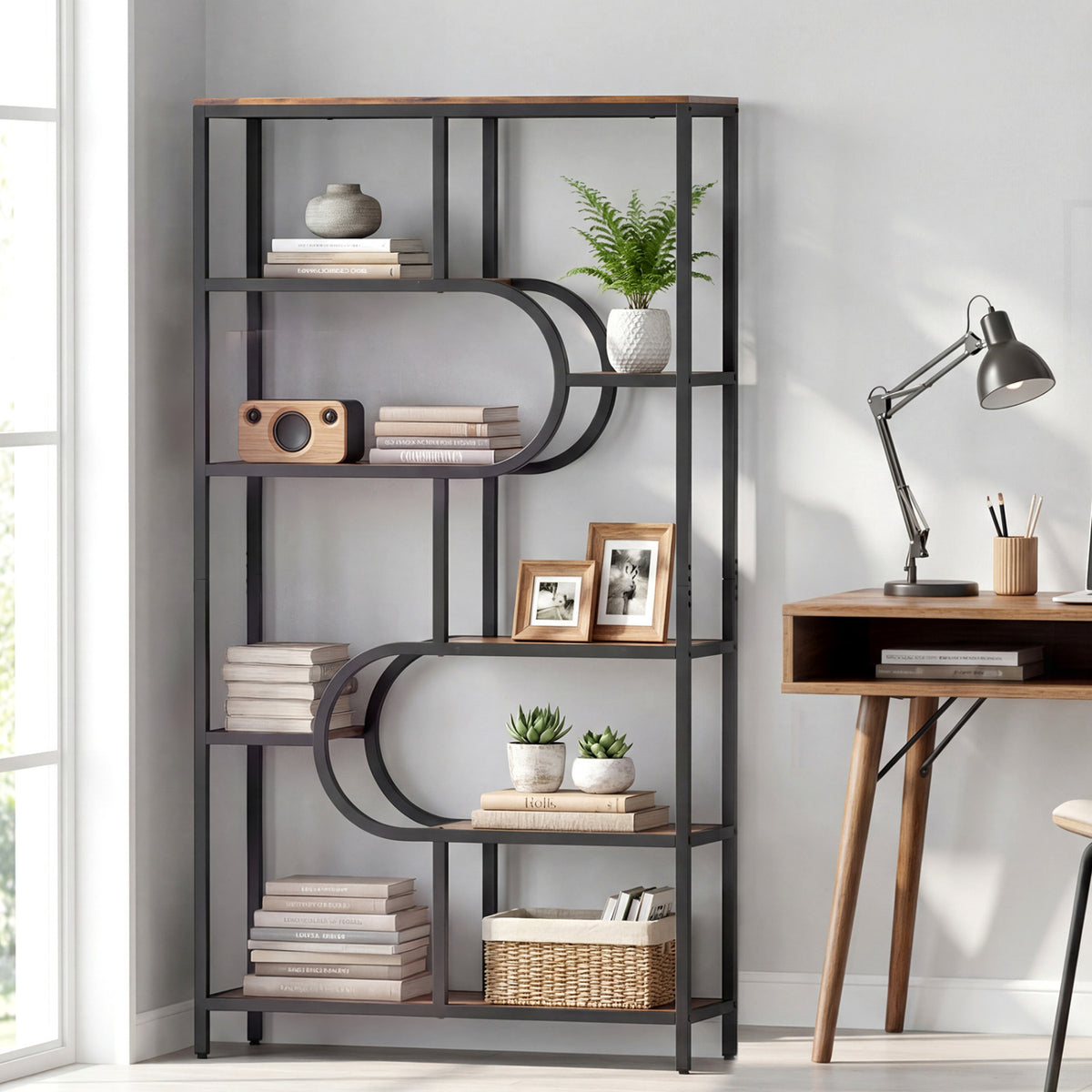 5-Tier Bookshelf Tall Etagere Bookcase with Open Storage Shelves and U Shape-Rustic Brown