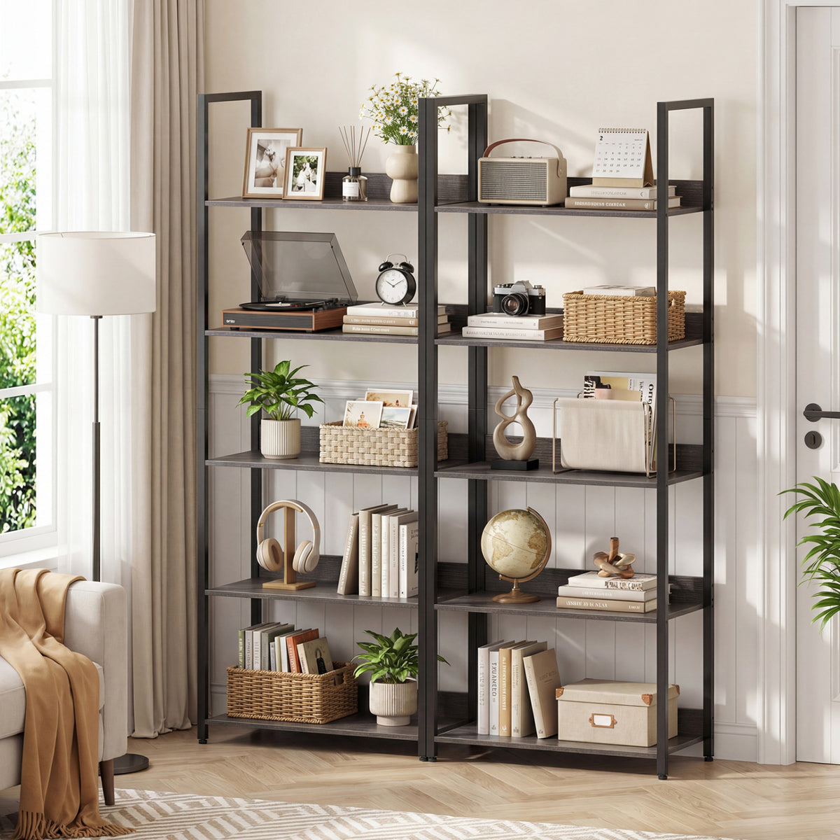 5-Tier Bookshelf Tall Wooden Open Bookcase with Back Panels-Oak