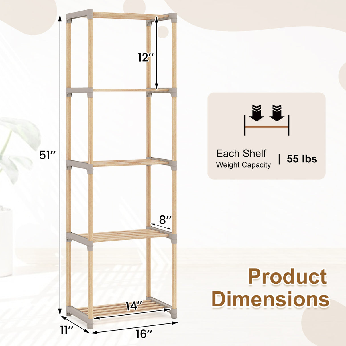 5-Tier Bookshelf with Open Shelves for Home Office and Bathroom-5-Tier