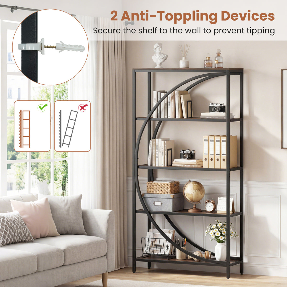 5-Tier Bookshelf with Half-Moon Shape for Living Room and Home Office-Rustic Brown