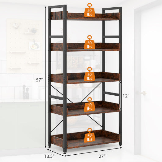 5-Tier Bookshelf with 4 Hooks Industrial Storage Bookcase-Rustic Brown