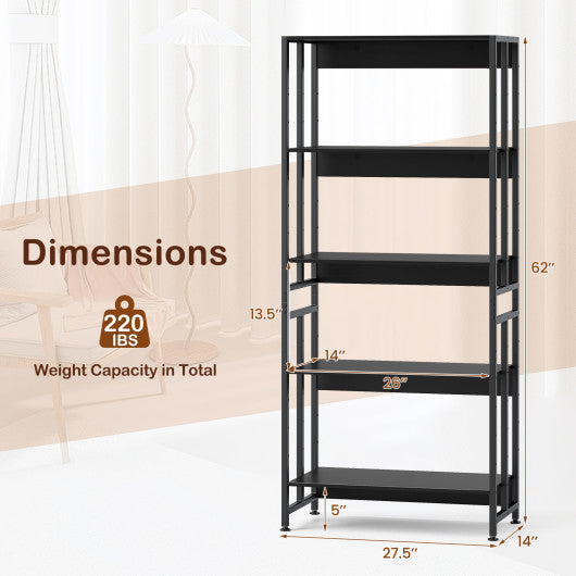 5-Tier Bookshelf with Adjustable and Tiltable Shelves-Black