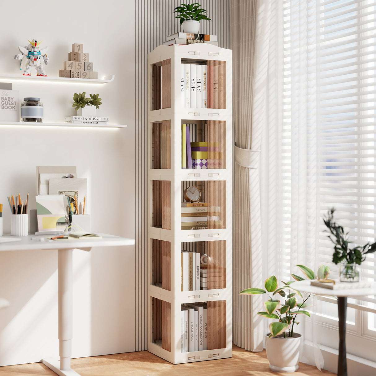 5-Tier Foldable Rotating Bookshelf 360° Spinning Bookcase with Swivel Base-White