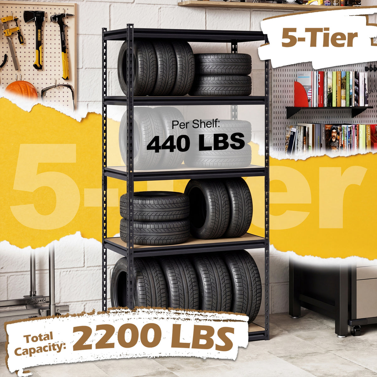 5-Tier Garage Shelving Unit 2200 LBS Metal Storage Shelves Adjustable Utility Rack-Set of 2