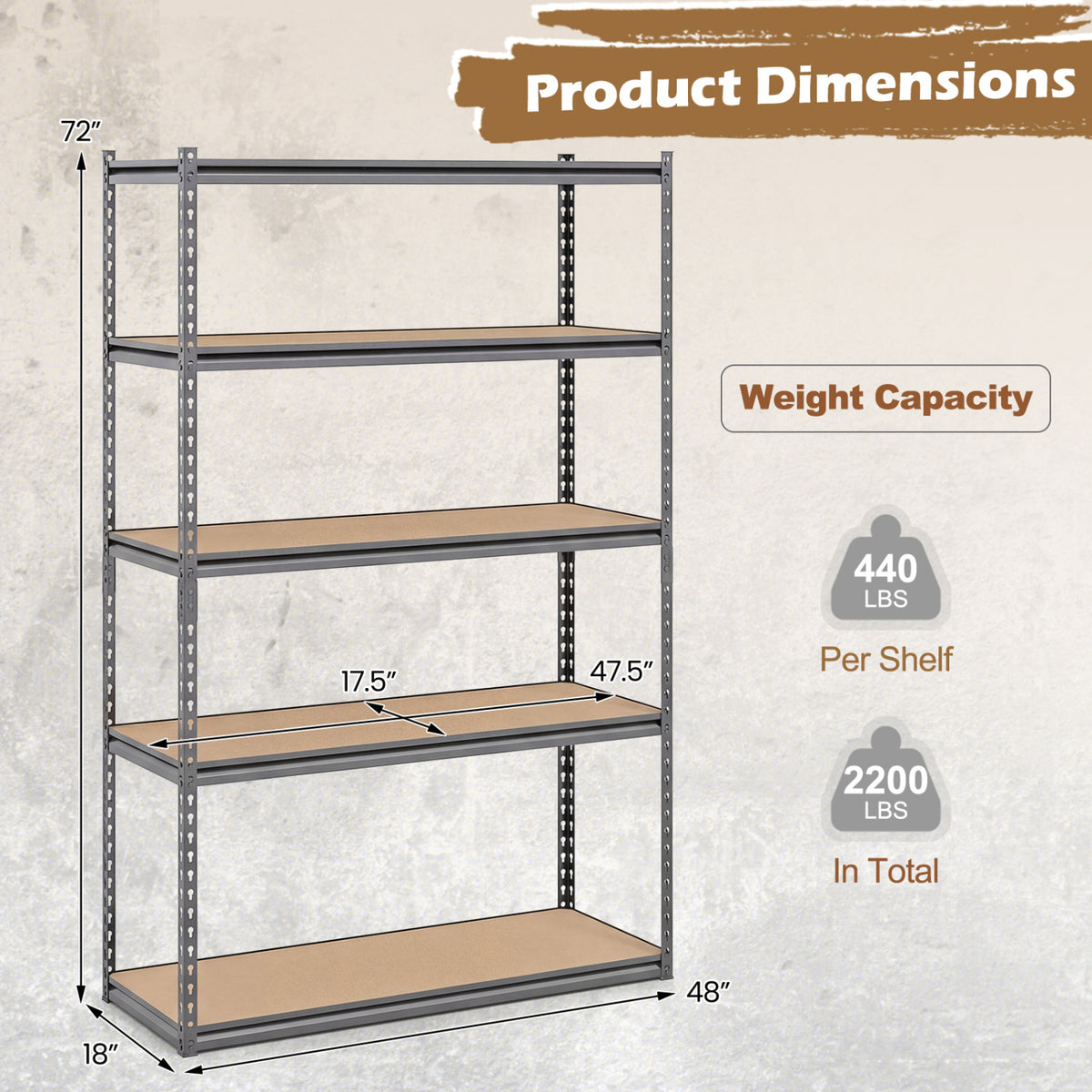 5-Tier Garage Shelving Unit 2200 LBS Metal Storage Shelves Adjustable Utility Rack for Warehouse-Set of 2
