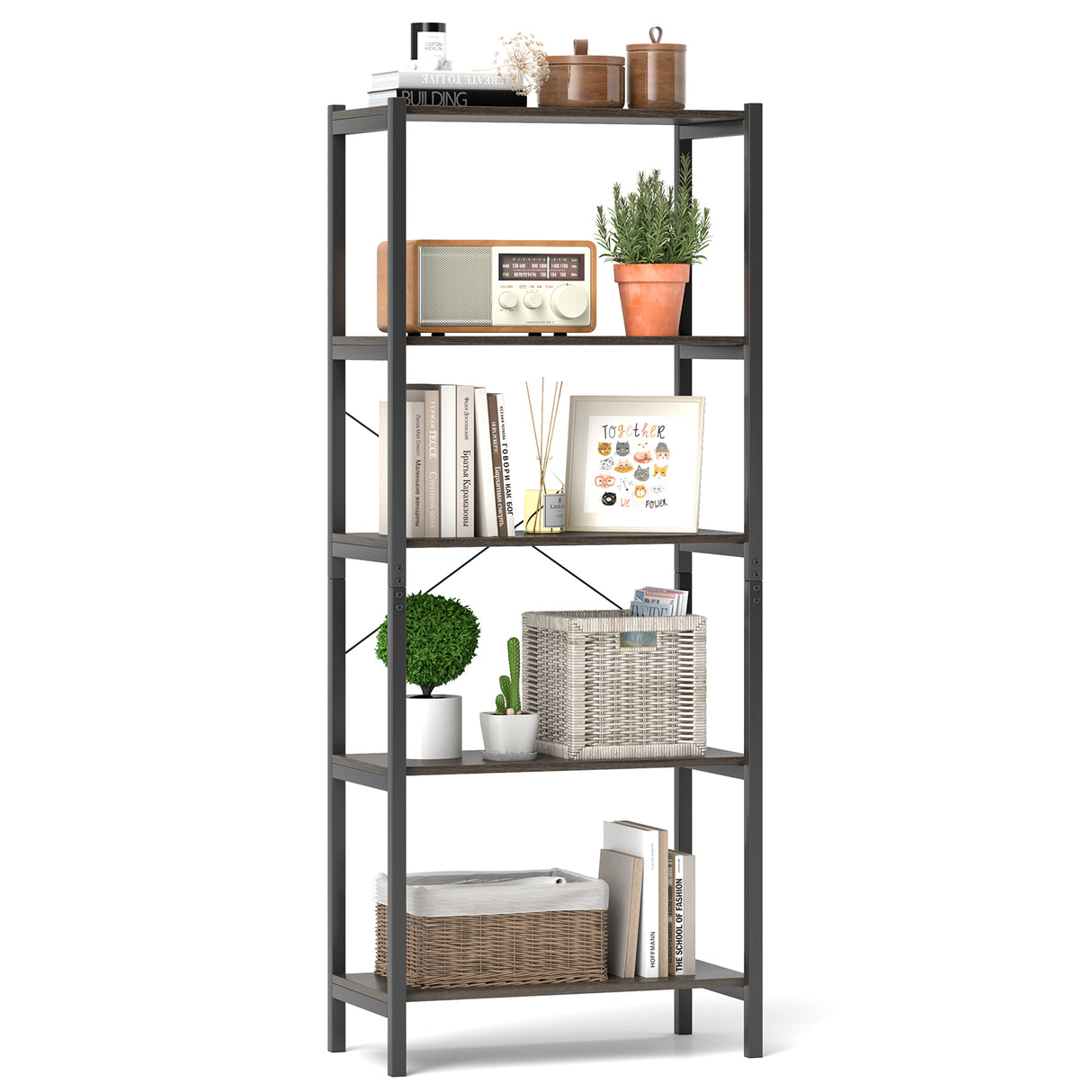 5-Tier Industrial Bookshelf Display Storage Rack with Metal Frame-Gray