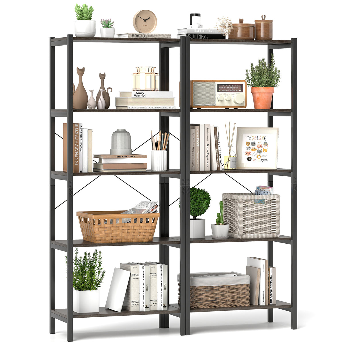 5-Tier Industrial Bookshelf Display Storage Rack with Metal Frame-Gray