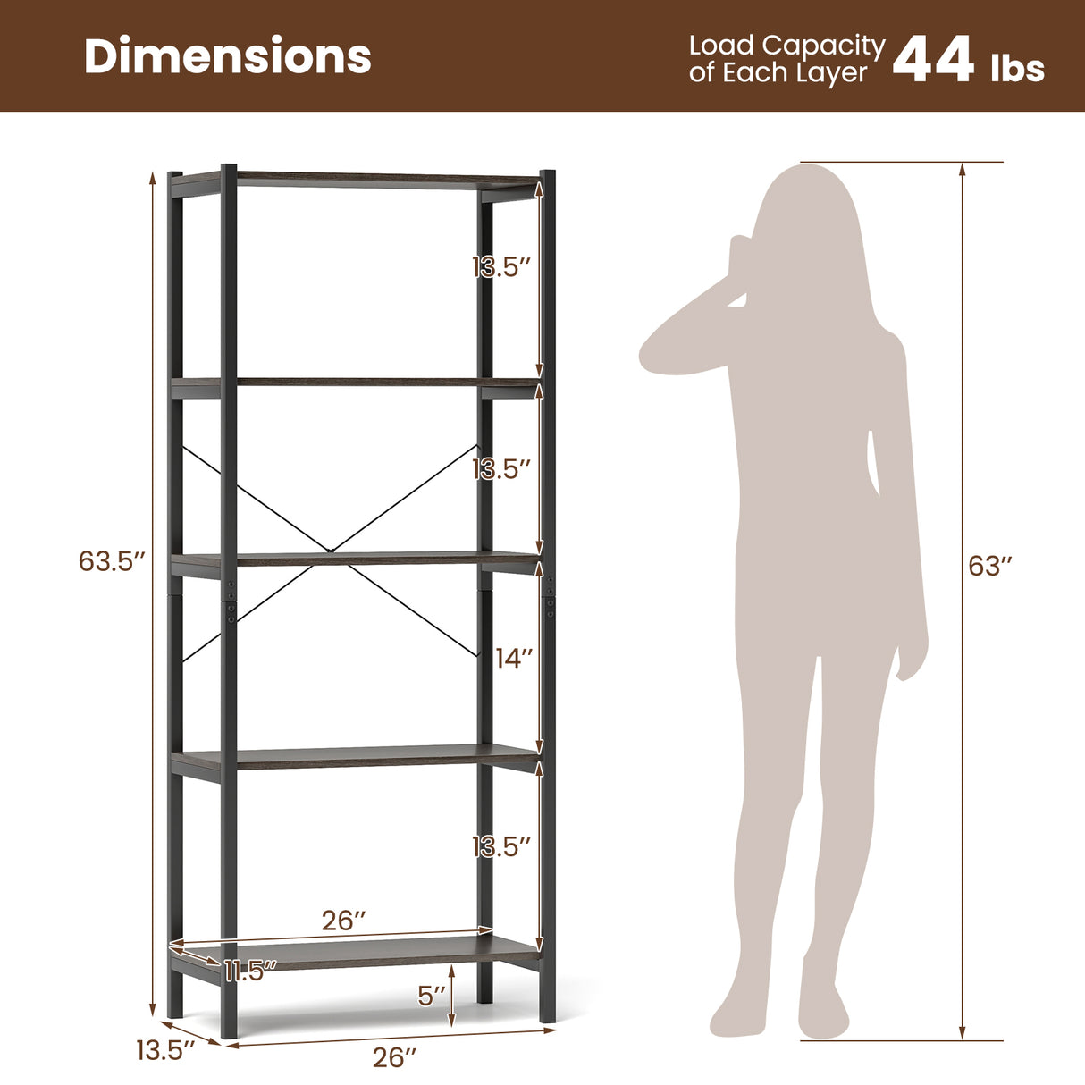 Multipurpose Open Bookcase Industrial Rack Wide Standing Storage Shelf-Brown