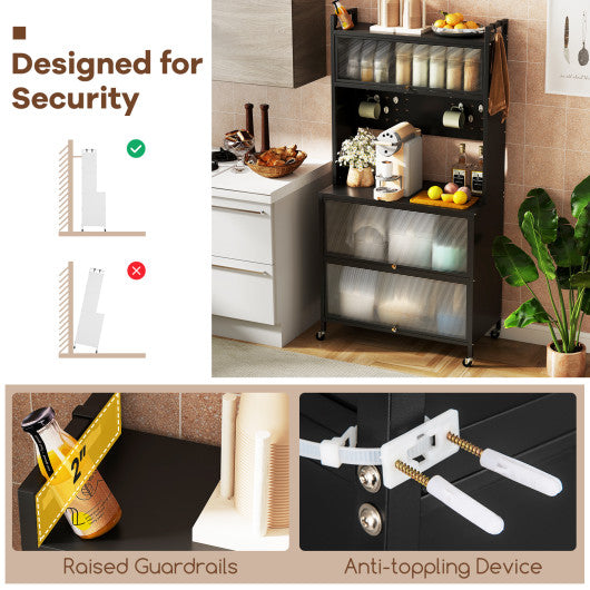 5 Tier Kitchen Bakers Rack with Lights Multifunctional Microwave Stand with Flip Door Cabinets-Black