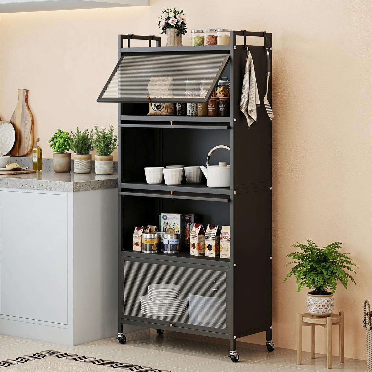 5-Tier Kitchen Storage Cabinet with 4 Flip-up PC Doors Adjustable Feet and Rolling Wheels-Black