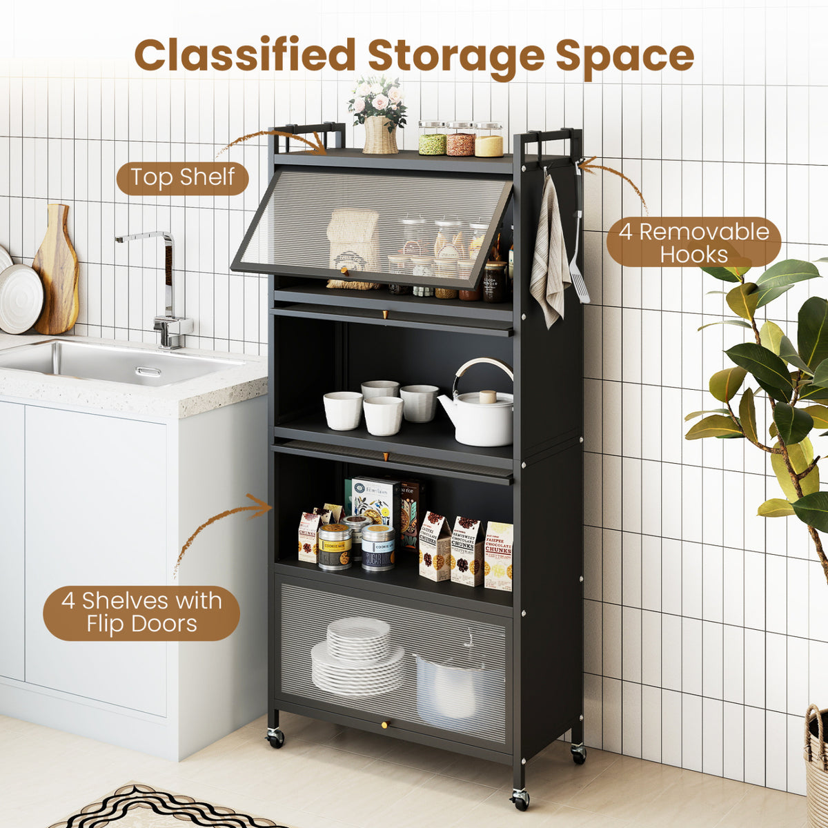 5-Tier Kitchen Storage Cabinet with 4 Flip-up PC Doors Adjustable Feet and Rolling Wheels-Black