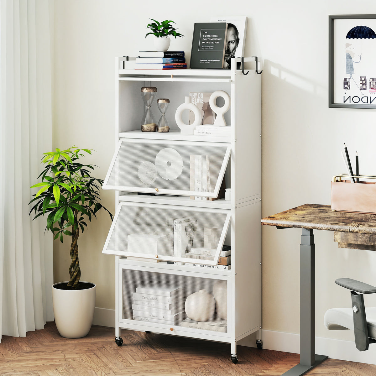5-Tier Kitchen Storage Cabinet with 4 Flip-up PC Doors Adjustable Feet and Rolling Wheels-White