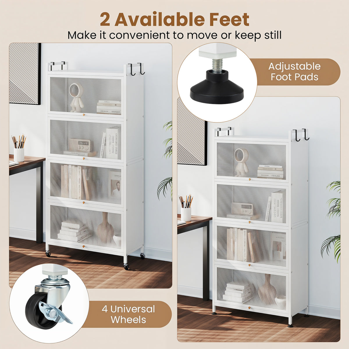 5-Tier Kitchen Storage Cabinet with 4 Flip-up PC Doors Adjustable Feet and Rolling Wheels-White