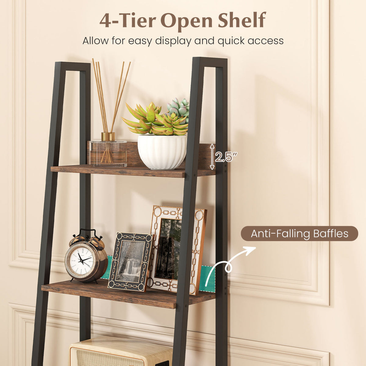 5-Tier Ladder Bookshelf with Fabric Drawer for Living Room and Home Office-Rustic Brown