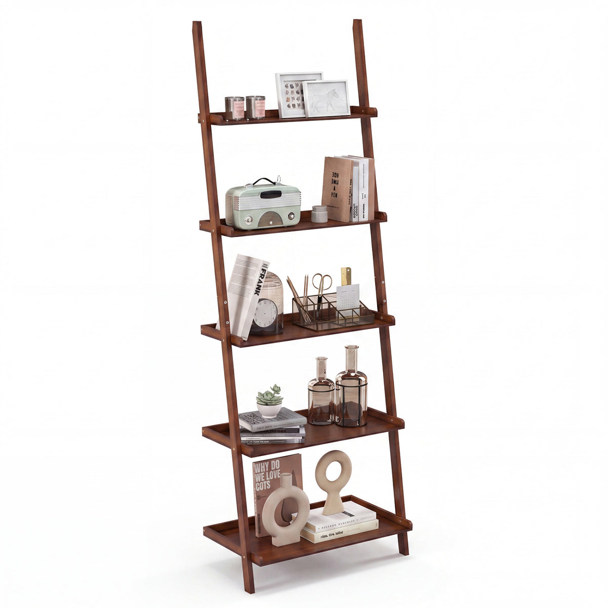 5-Tier Ladder Shelf Bamboo Bookshelf Wall-Leaning Storage Display Plant Stand-Walnut