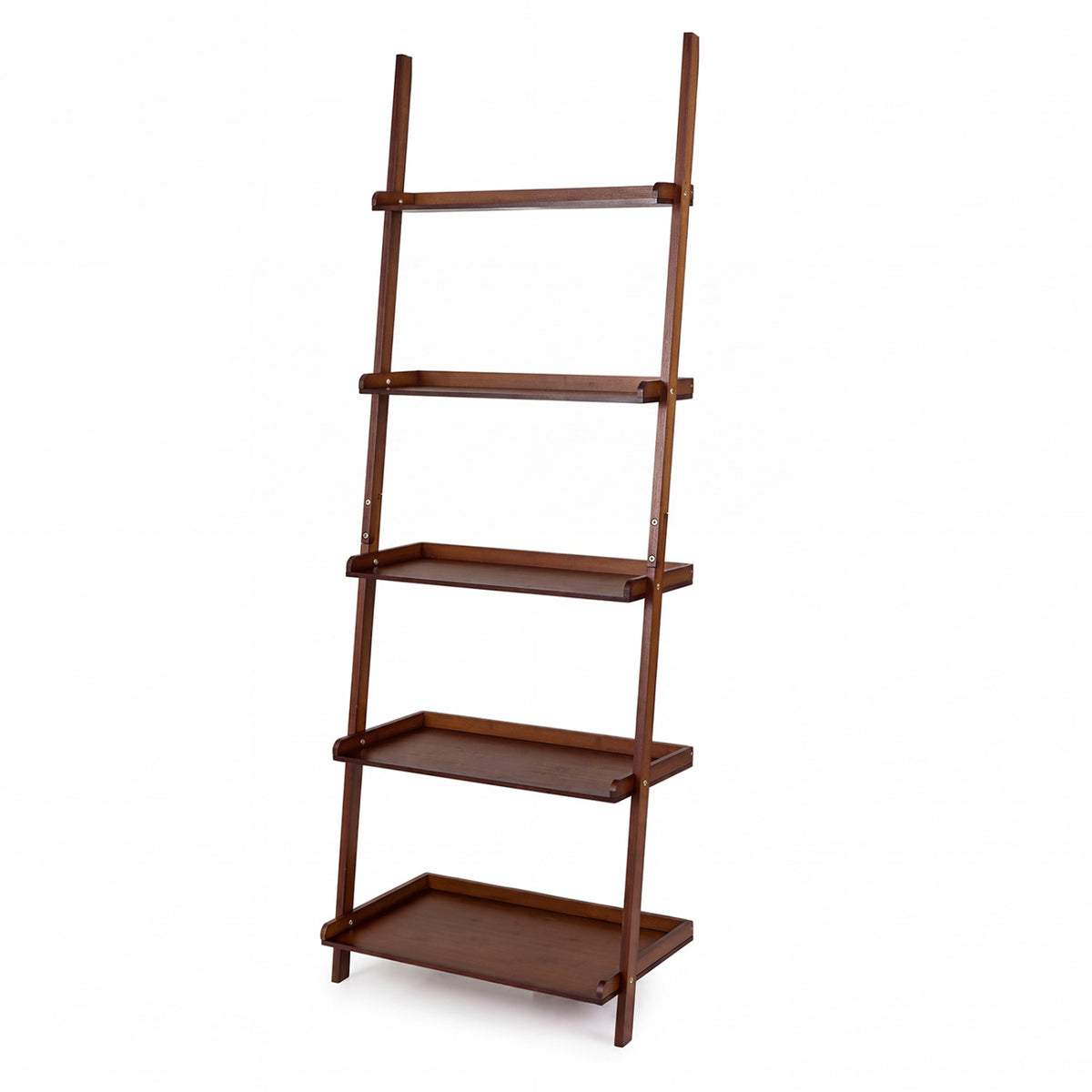 5-Tier Ladder Shelf Bamboo Bookshelf Wall-Leaning Storage Display Plant Stand-Walnut