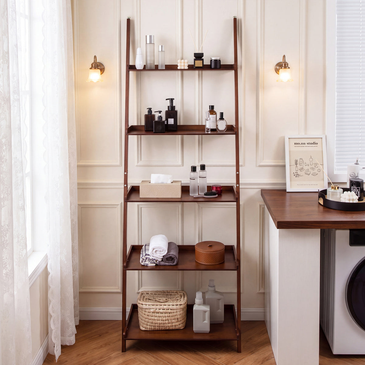 5-Tier Ladder Shelf Bamboo Bookshelf Wall-Leaning Storage Display Plant Stand-Walnut