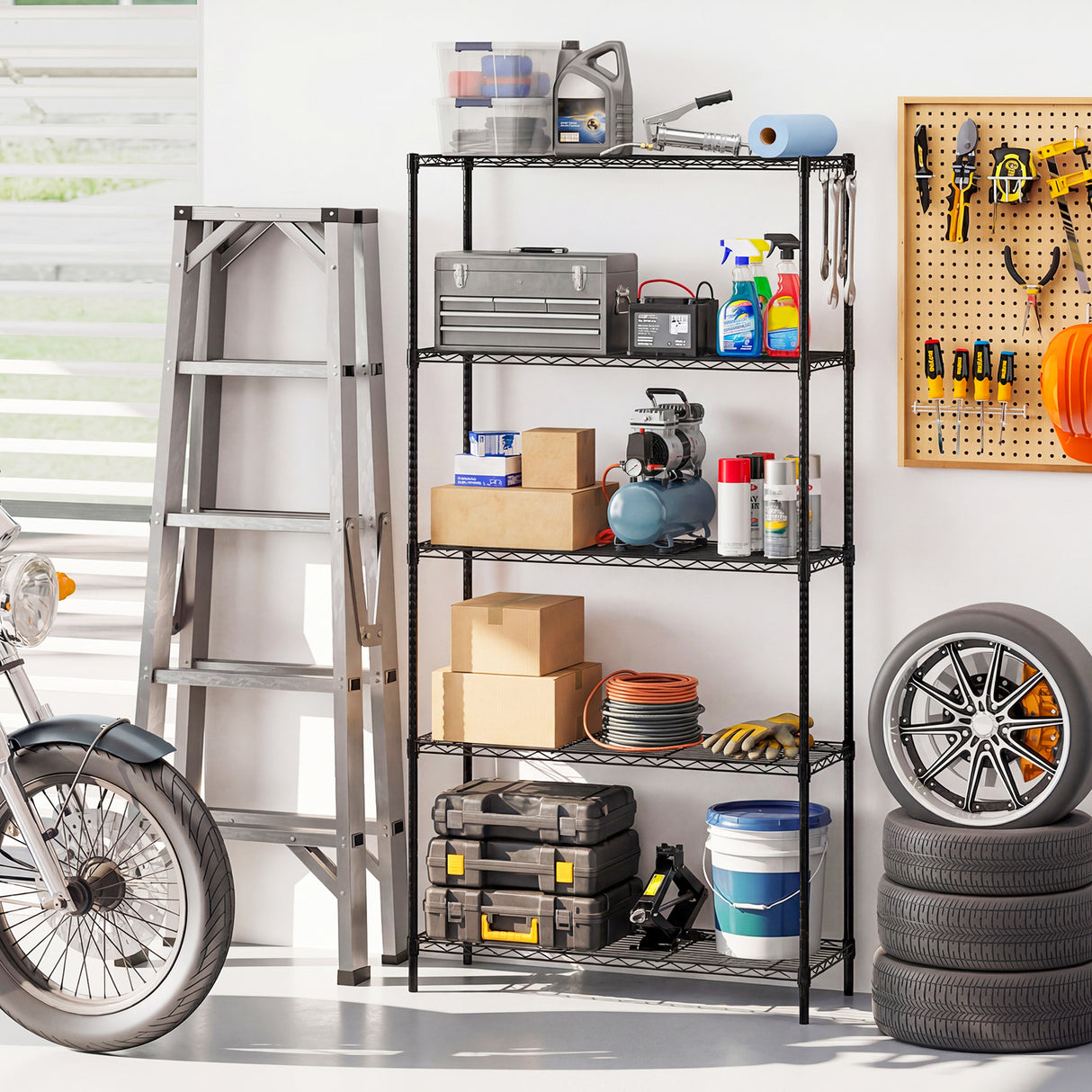 5-Tier Metal Storage Shelving Unit with V-Shaped Wire Rack and 1250 LBS Capacity-Black