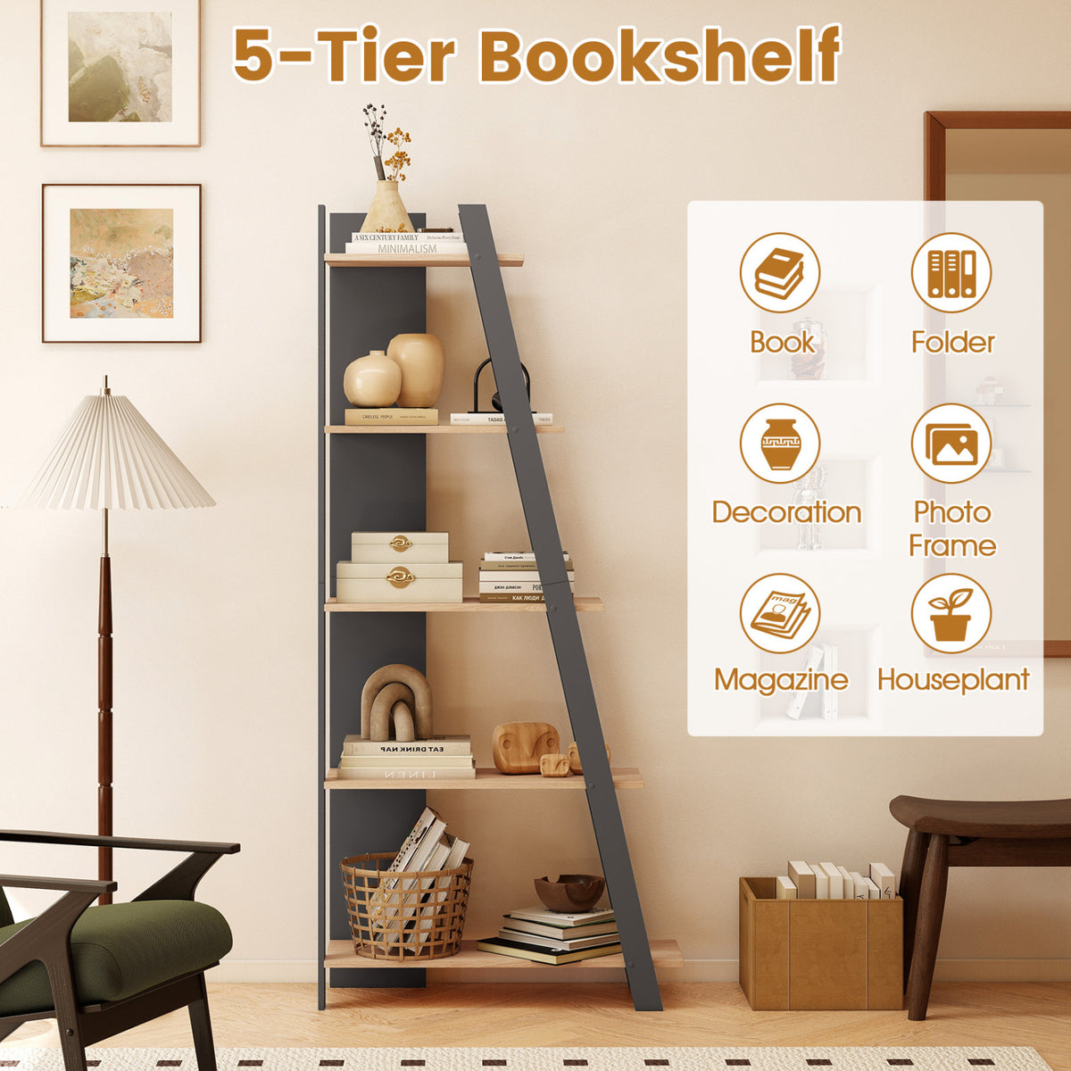 5-Tier Modern Bookshelf Narrow Vertical Display Shelf for Small Space-Gray