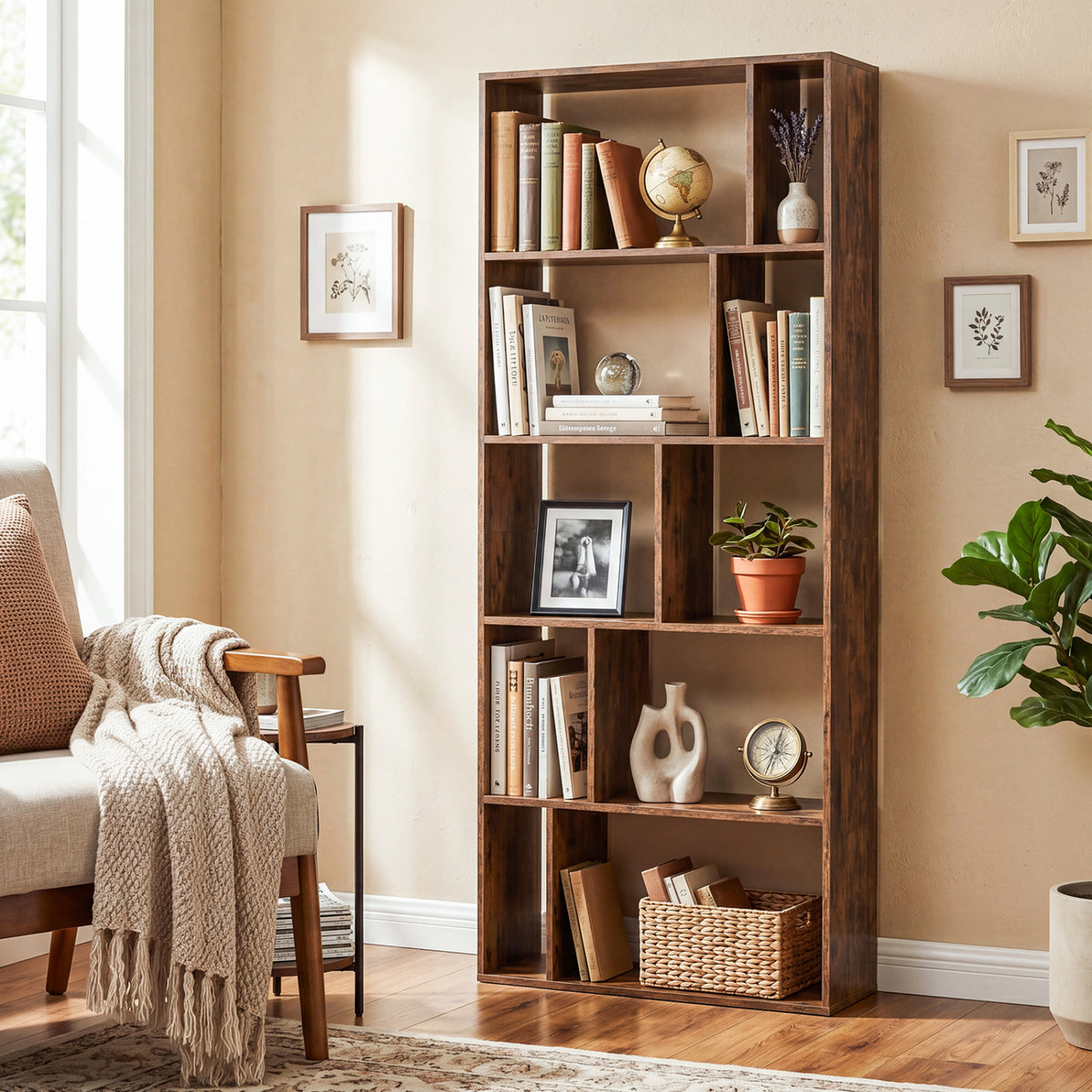 5-Tier Modern Bookshelf with Open Back and 2 Anti-Tipping Kits-Brown