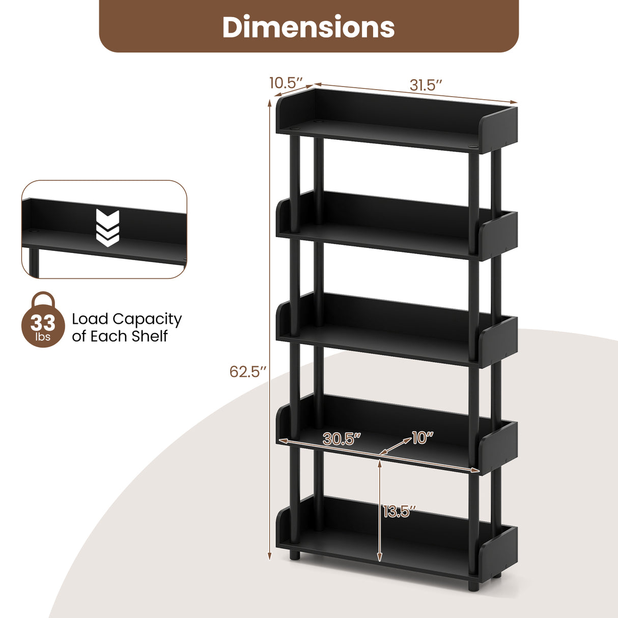 5-Tier Open Bookcase with Industrial Storage Unit-Black