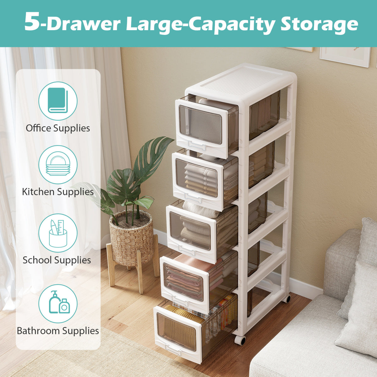 5-Tier Plastic Drawer Storage Organizer Rolling Cart with 3/4/5 Drawers and Lockable Wheels