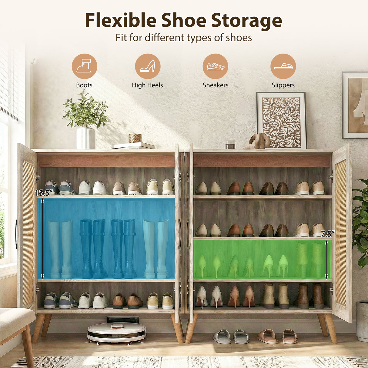 5-Tier Rattan Shoe Cabinet with 3 Removable Shelves-Natural