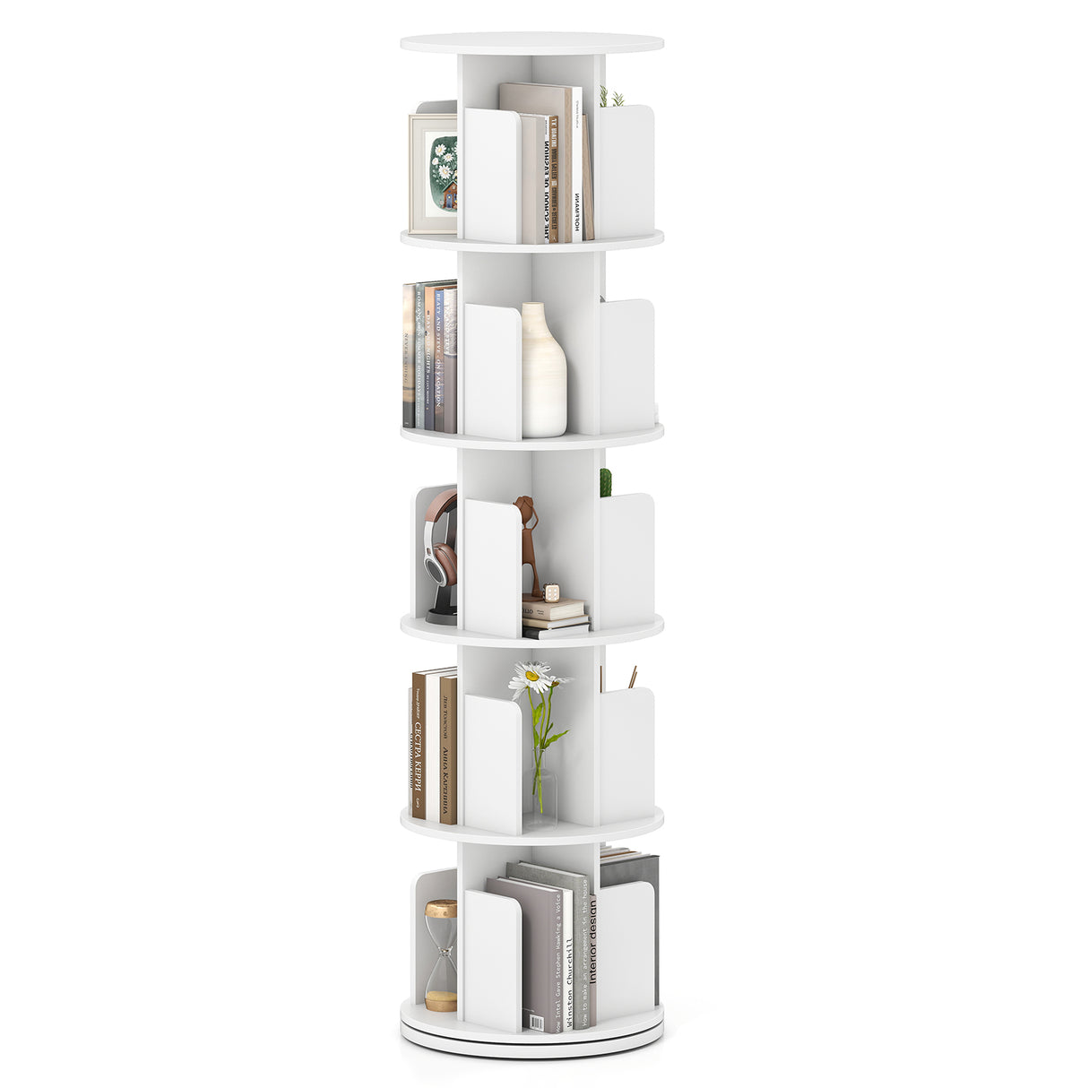 5-Tier Rotating Bookshelf 360 ° Display Rack with Dividers and Anti-falling Baffles-White