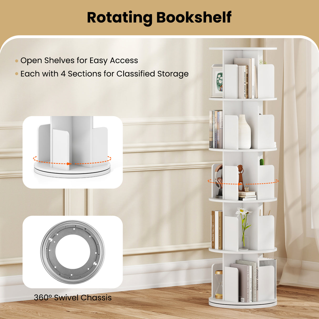 5-Tier Rotating Bookshelf 360 ° Display Rack with Dividers and Anti-falling Baffles-White
