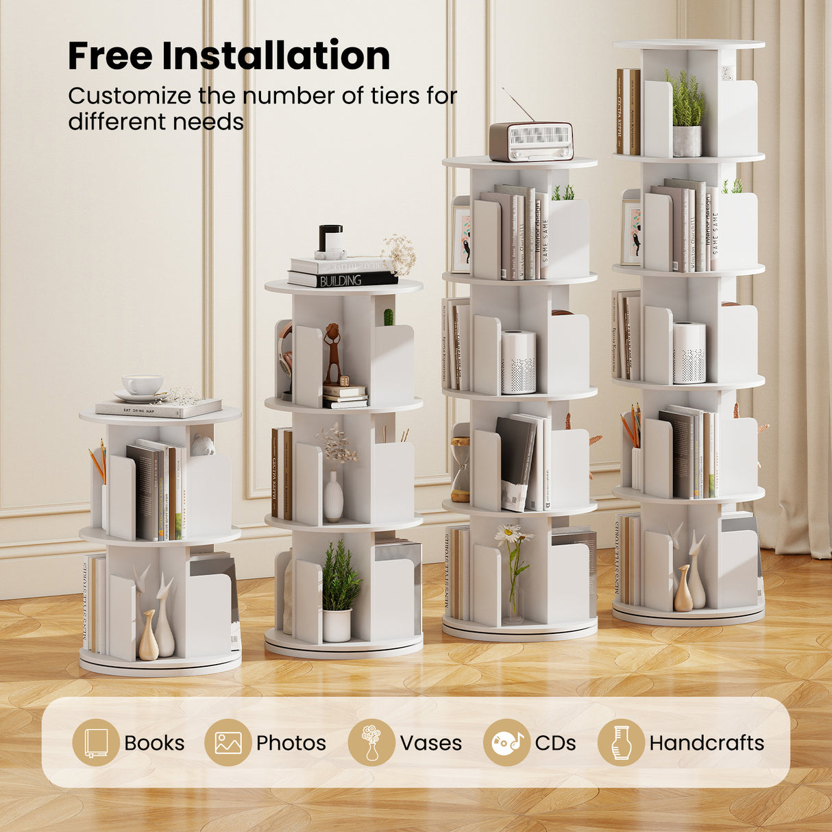 5-Tier Rotating Bookshelf 360 ° Display Rack with Dividers and Anti-falling Baffles-White