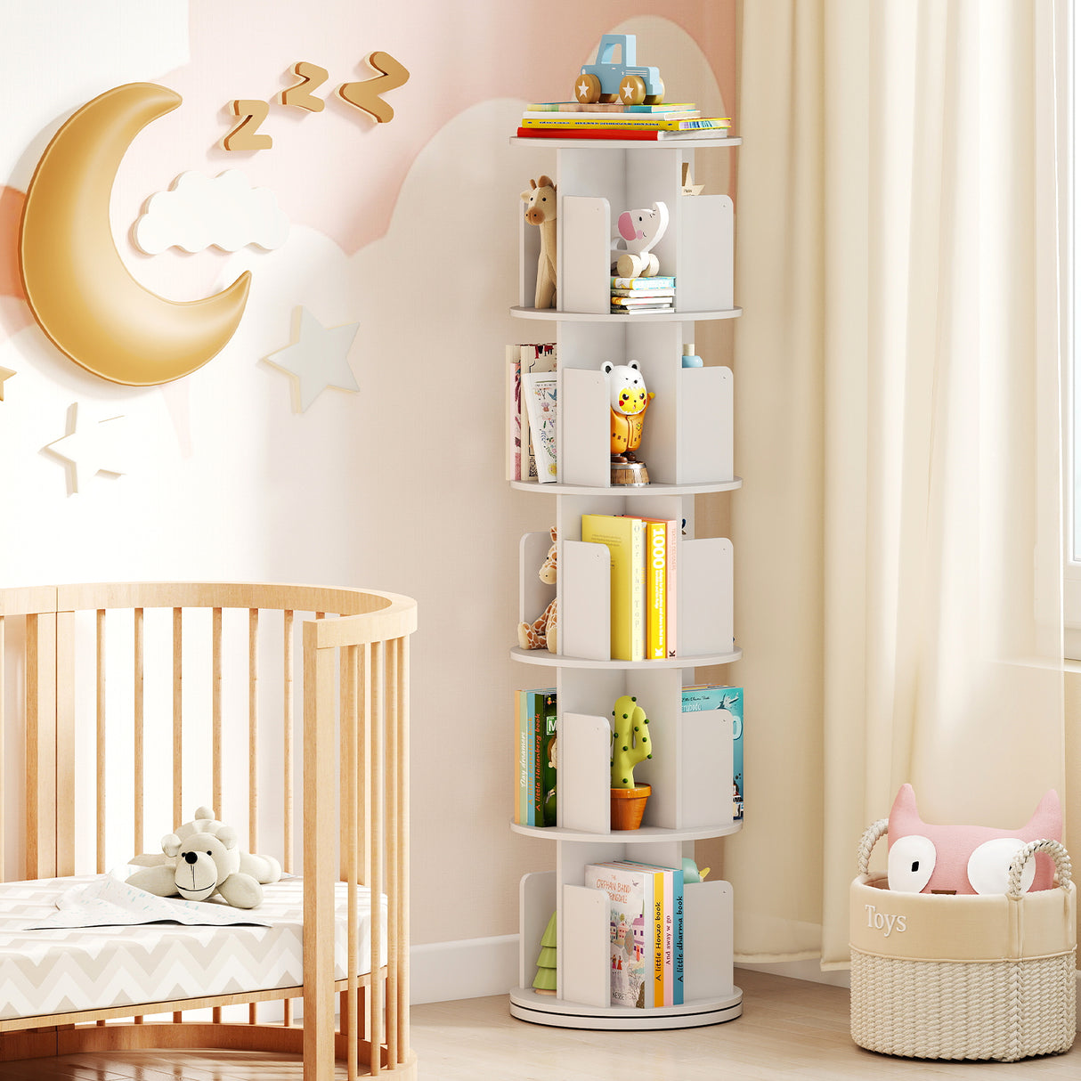 5-Tier Rotating Bookshelf 360 ° Display Rack with Dividers and Anti-falling Baffles-White