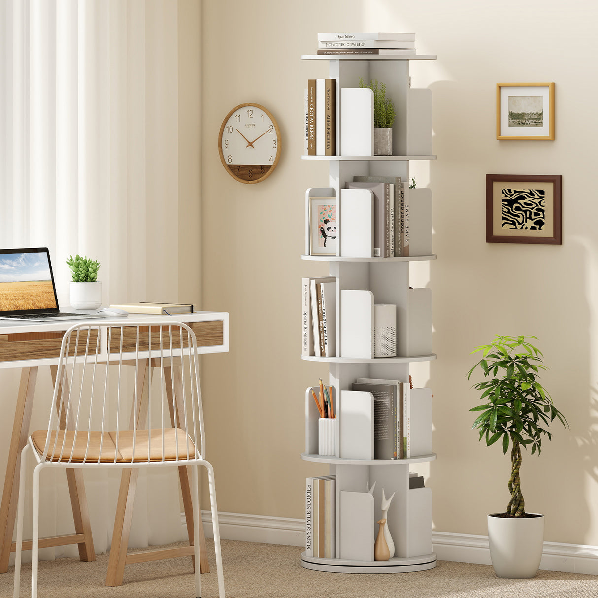 5-Tier Rotating Bookshelf 360 ° Display Rack with Dividers and Anti-falling Baffles-White