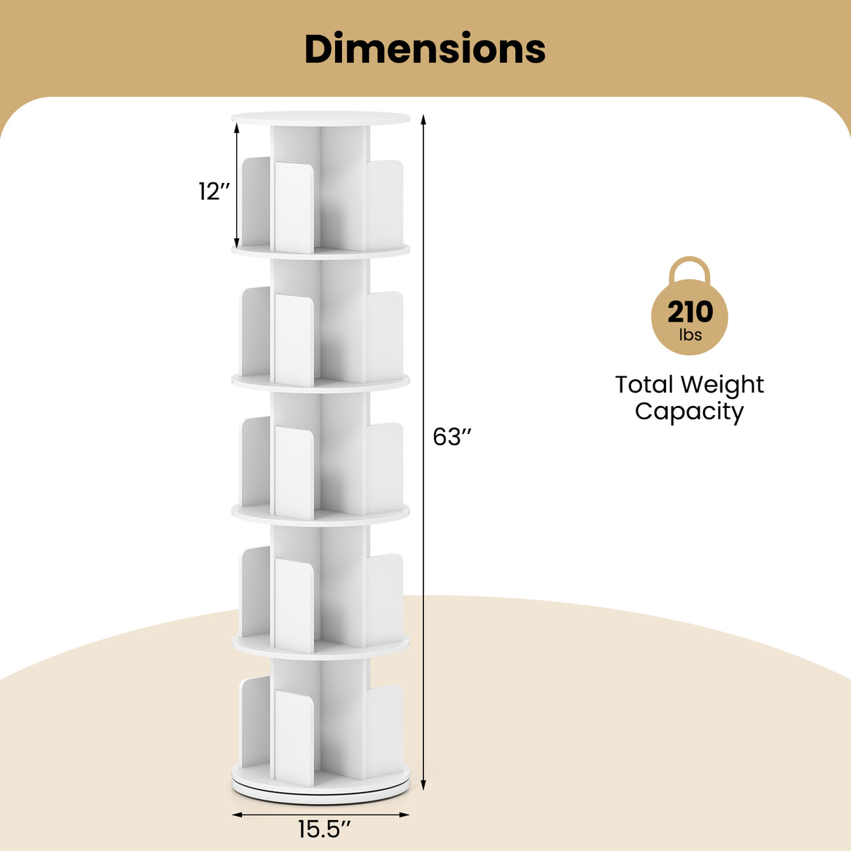5-Tier Rotating Bookshelf 360 ° Display Rack with Dividers and Anti-falling Baffles-White
