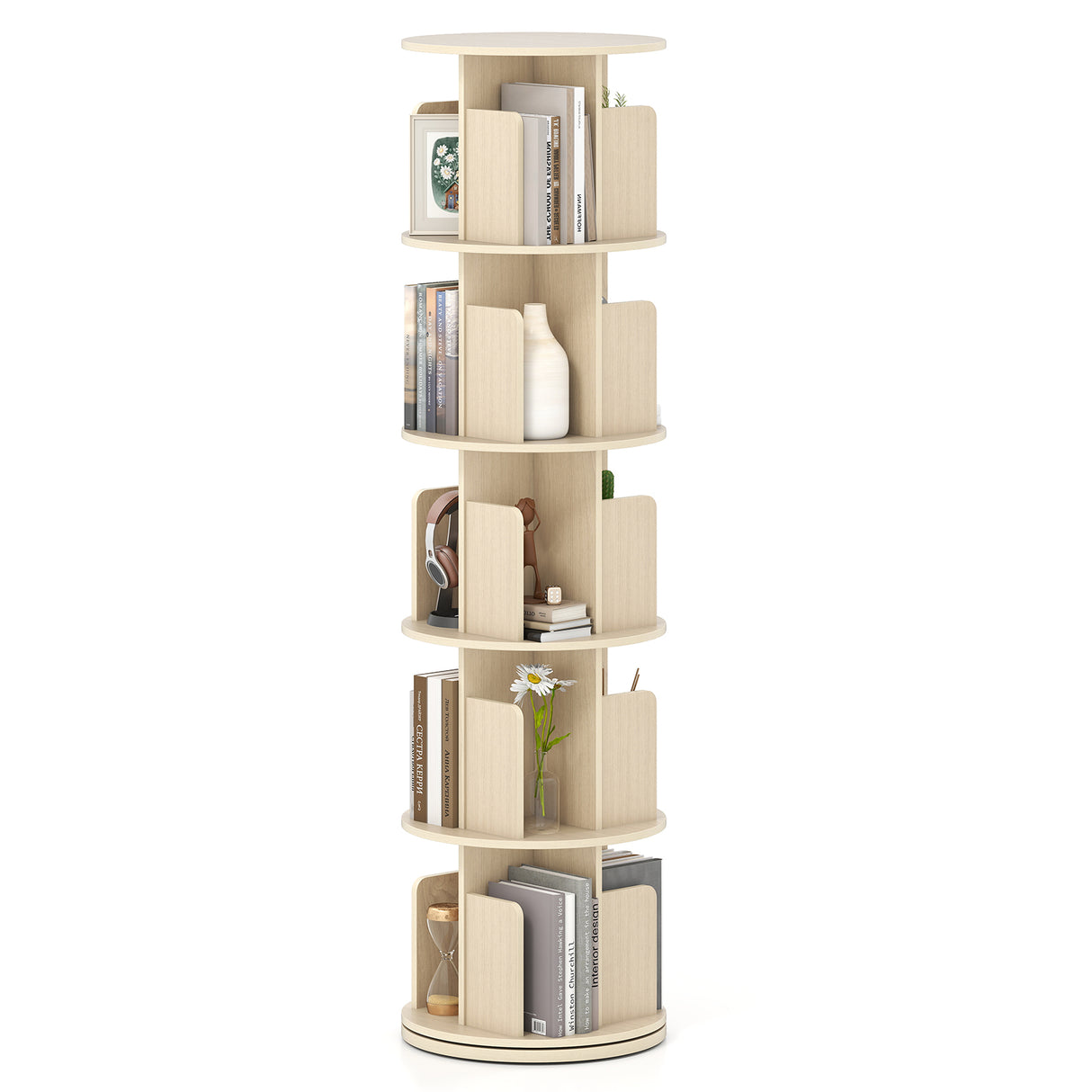5-Tier Rotating Bookshelf 360 ° Display Rack with Dividers and Anti-falling Baffles-Natural