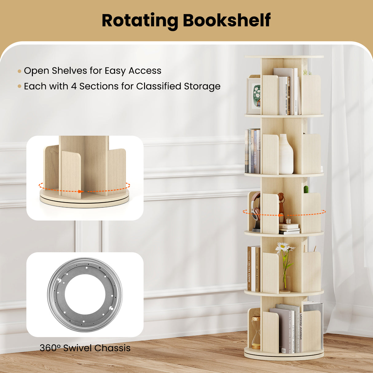 5-Tier Rotating Bookshelf 360 ° Display Rack with Dividers and Anti-falling Baffles-Natural