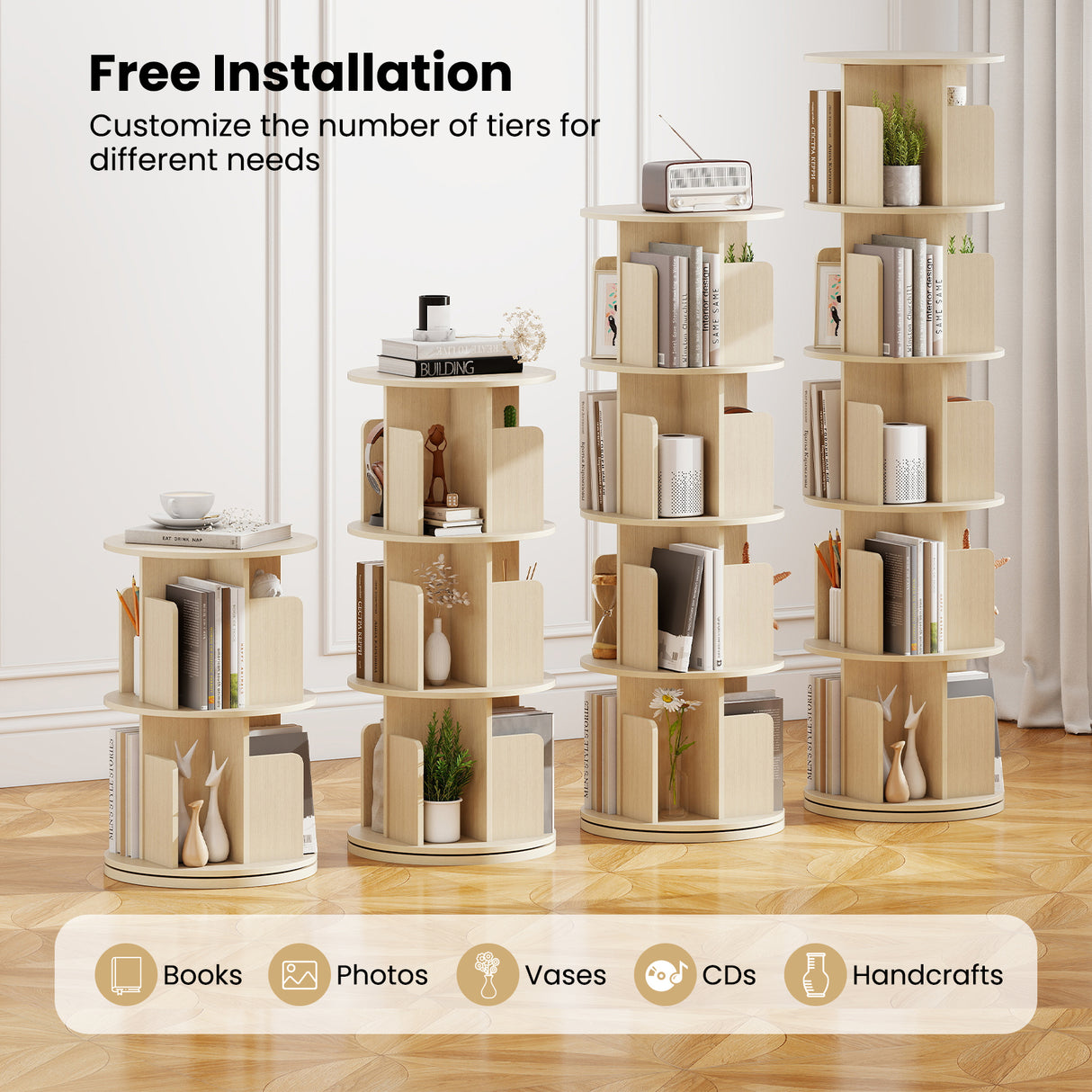 5-Tier Rotating Bookshelf 360 ° Display Rack with Dividers and Anti-falling Baffles-Natural