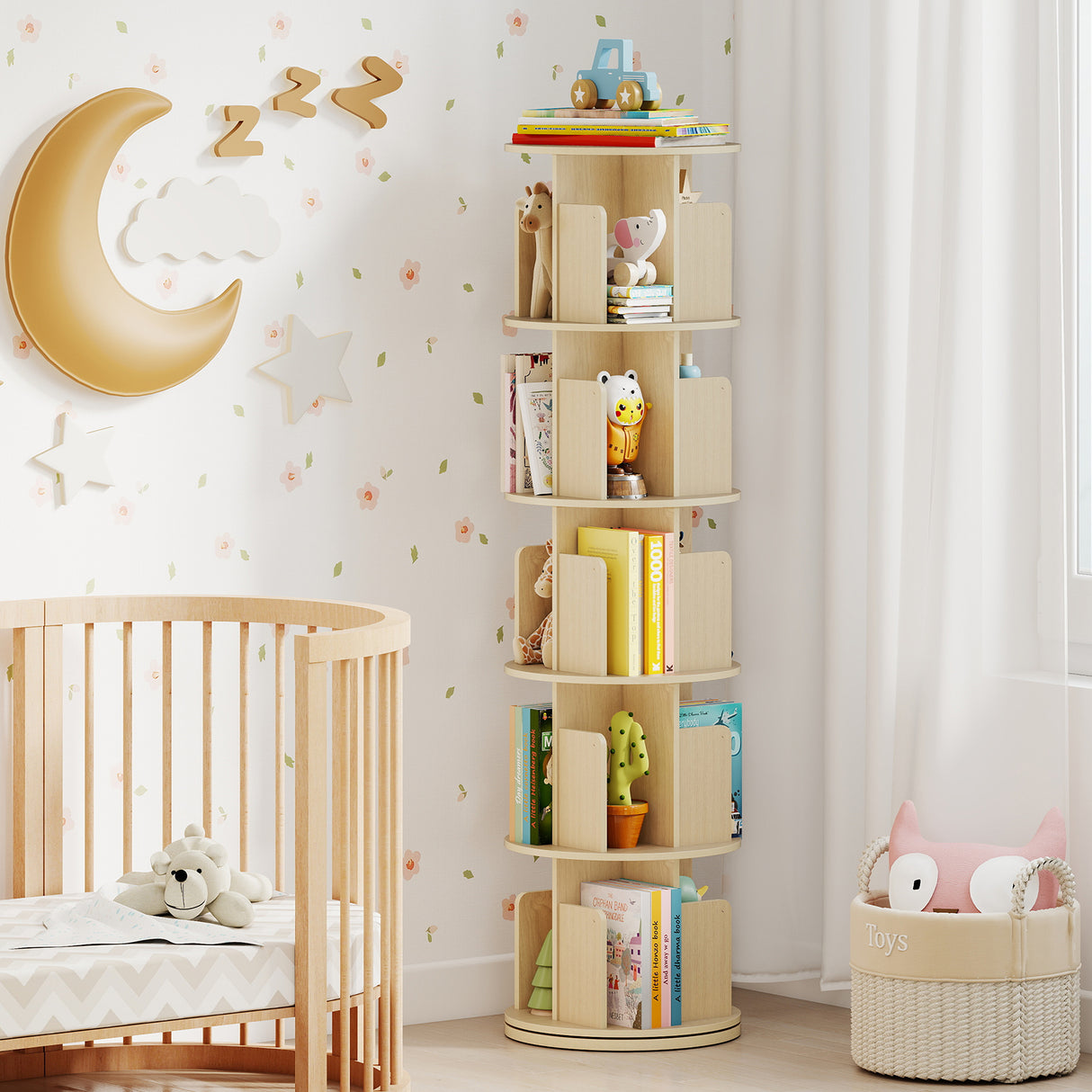 5-Tier Rotating Bookshelf 360 ° Display Rack with Dividers and Anti-falling Baffles-Natural