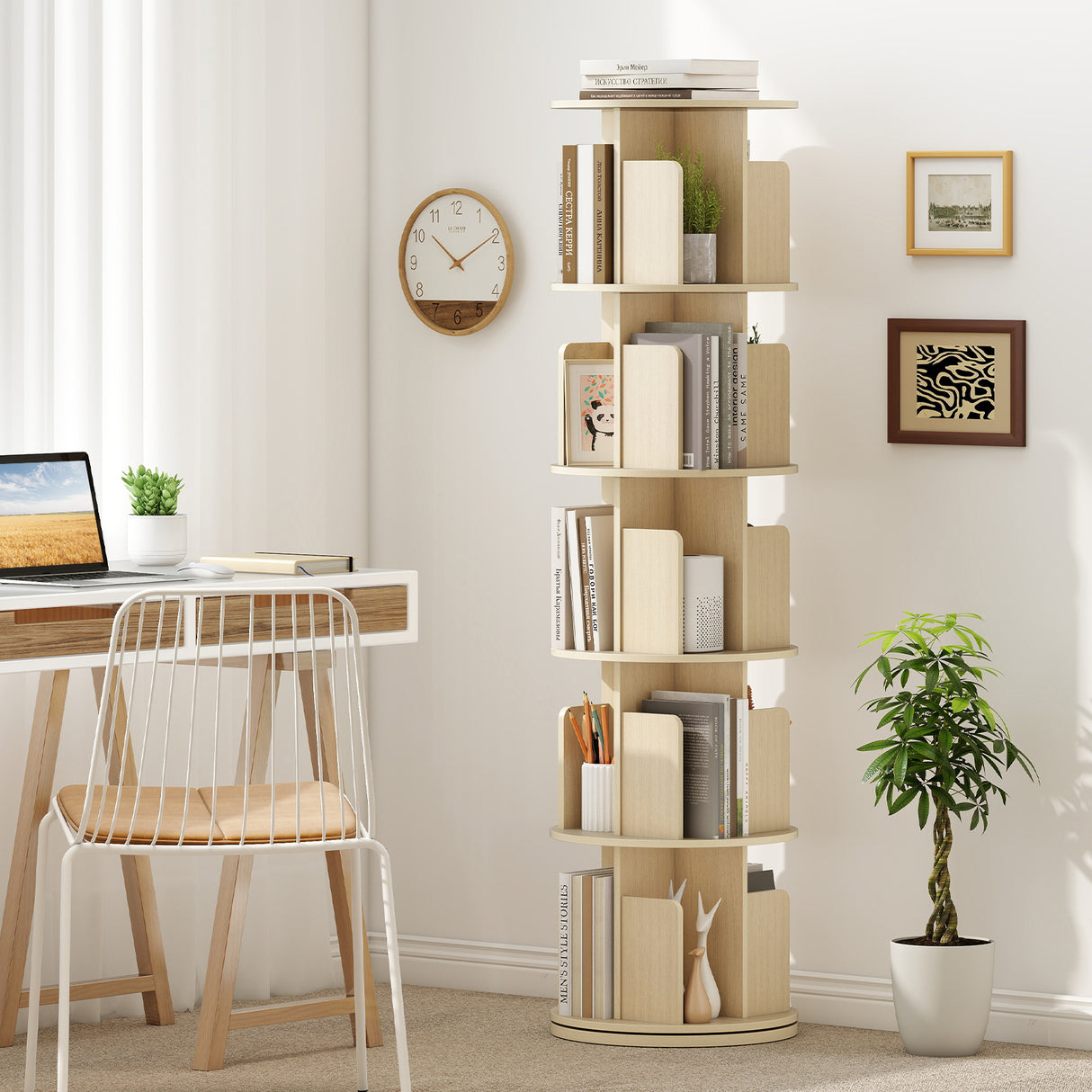 5-Tier Rotating Bookshelf 360 ° Display Rack with Dividers and Anti-falling Baffles-Natural