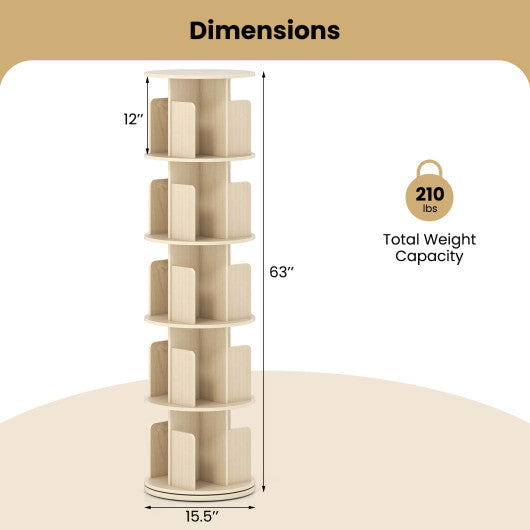 5-Tier Rotating Bookshelf 360° Display Rack with Dividers and Anti-falling Baffles-Natural