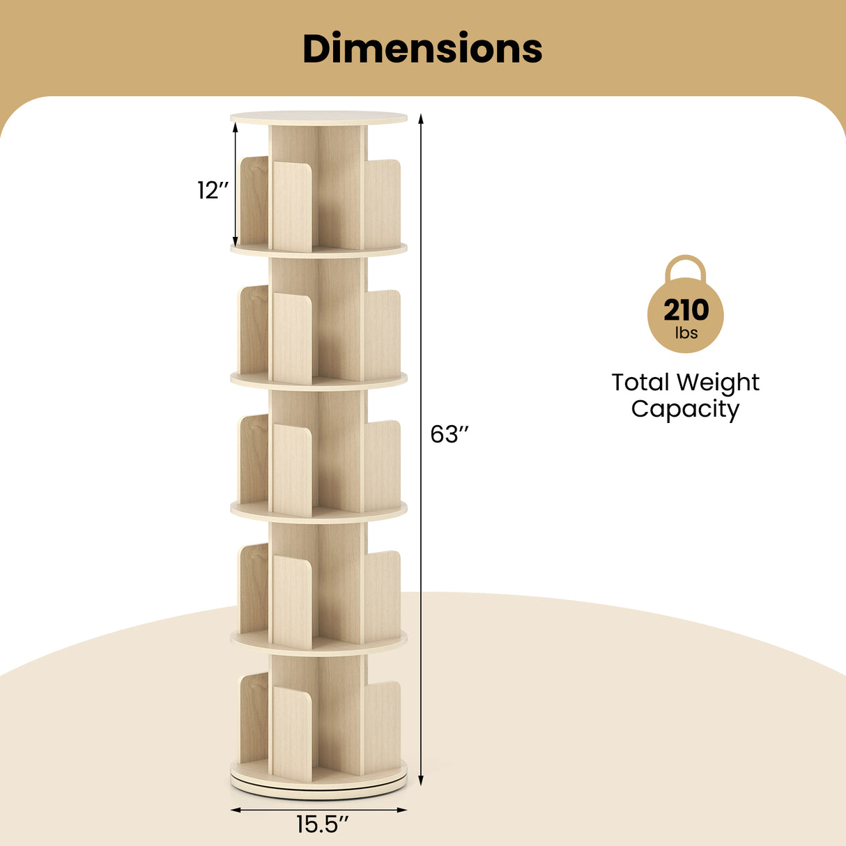 5-Tier Rotating Bookshelf 360 ° Display Rack with Dividers and Anti-falling Baffles-Natural
