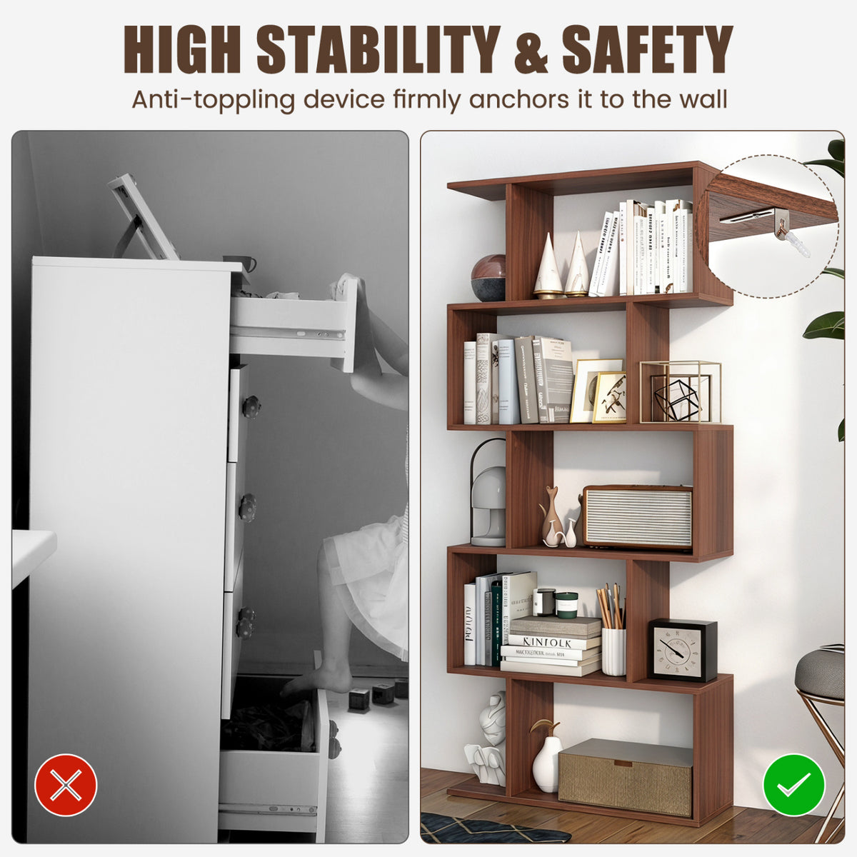 5-Tier S-Shaped Bookshelf with Anti-Tip Kit for Living Room Home Office-Walnut