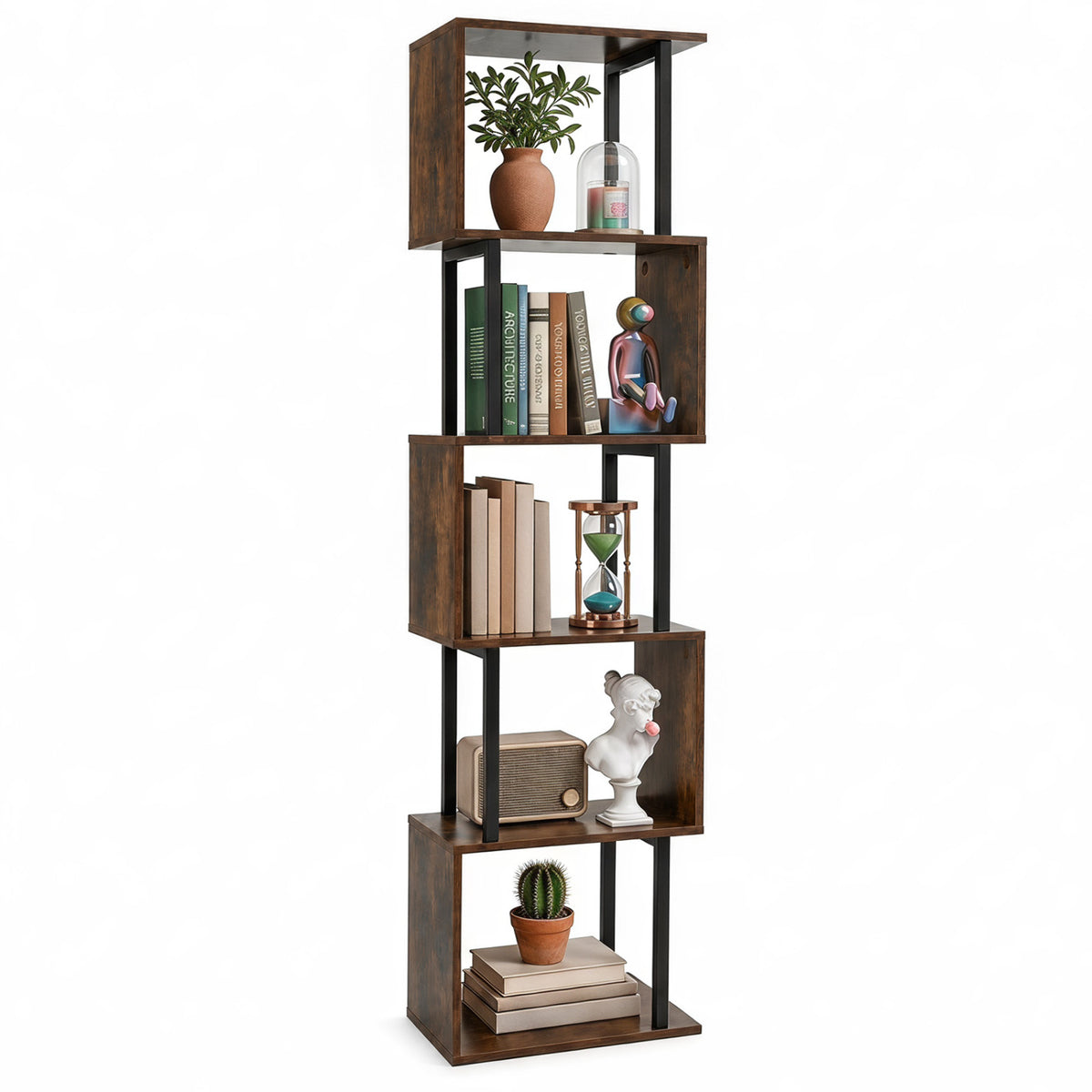 5-Tier S-Shaped Bookshelf w/ Open Cubes & Anti-toppling Kits for Living Room-Rustic Brown